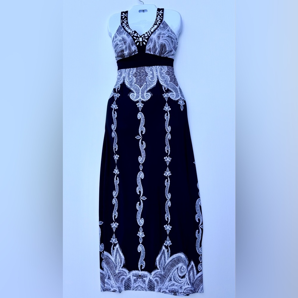 Style & Co. Black & White Beaded Paisley Print Maxi Dress Size PL - Picture 2 of 10